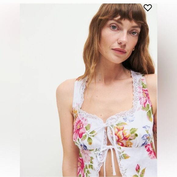 Reformation Rosalie White Floral Linen Top Size 0 - Picture 8 of 9